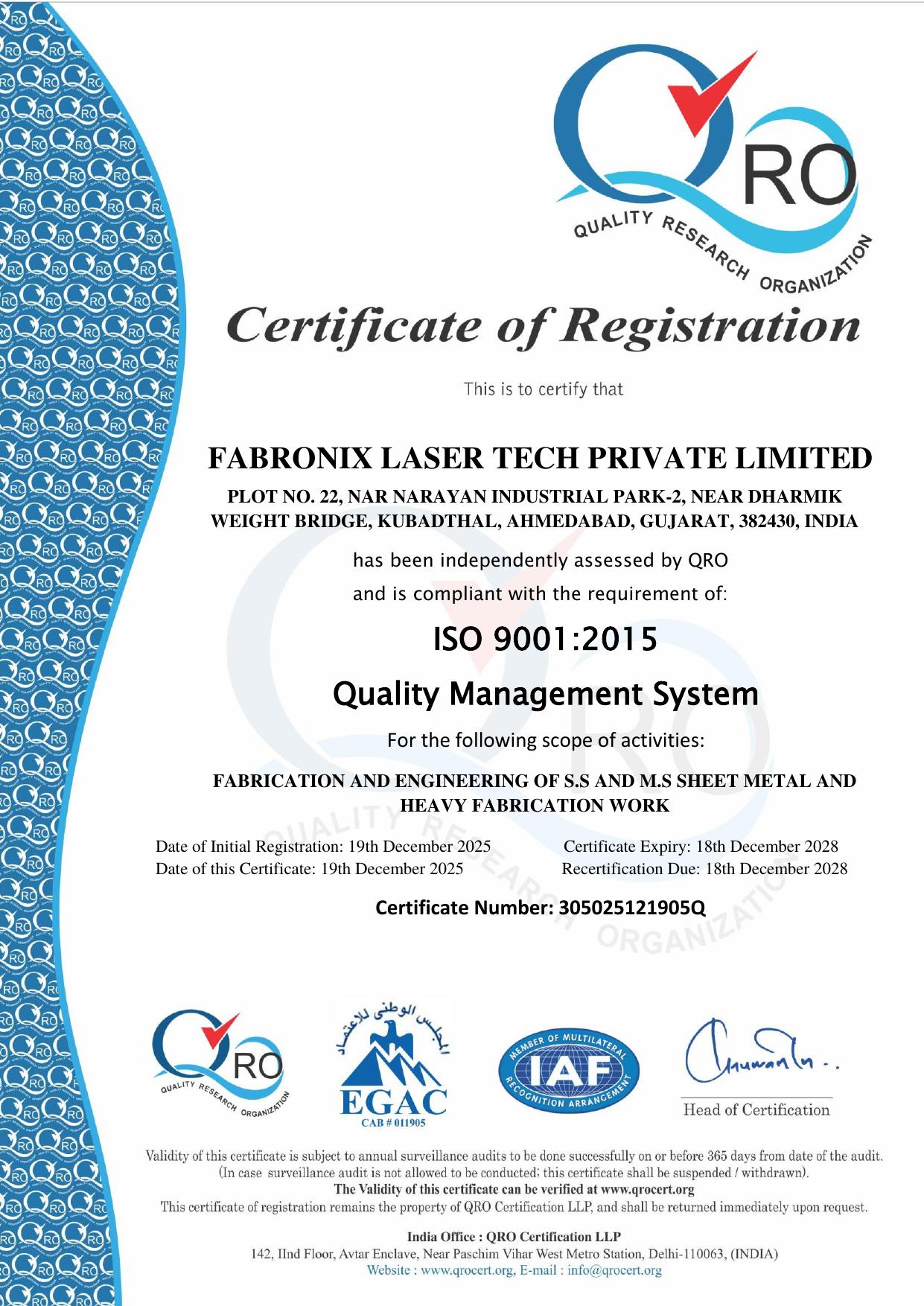 ISO 9001:2015 Certificate of Registration — Fabronix Laser Tech Private Limited, certificate number 305025121905Q
